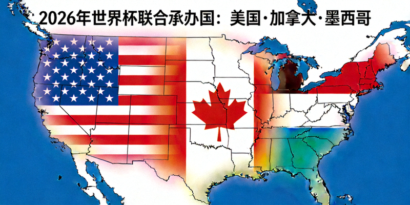 2026年世界杯三国联合承办地图示意美国加拿大墨西哥国旗交融